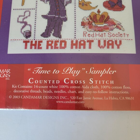 Vtg Candamar Designs Red Hat Society Counted Cross Stitch Kit 51483 Time To Play - Picture 5 of 6